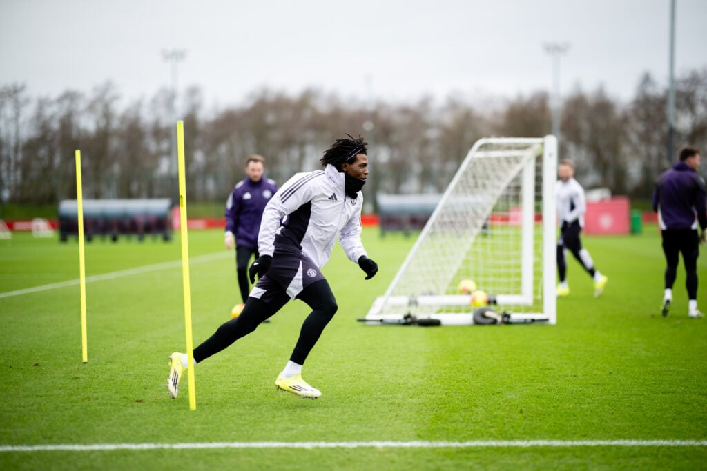 Patrick Dorgu in action during a Manchester United first-team training session at the Carrington training complex in 2026 in Manchester, England.