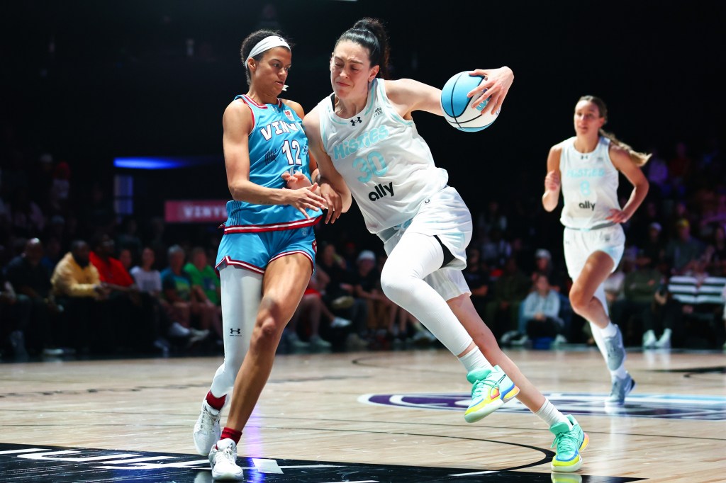 Unrivaled co-founder Breanna Stewart (30) of the Mist drives against Rae Burrell (12) of the Vinyl during the third quarter of the game at Sephora Arena on January 25, 2026 in Medley, Florida. 
