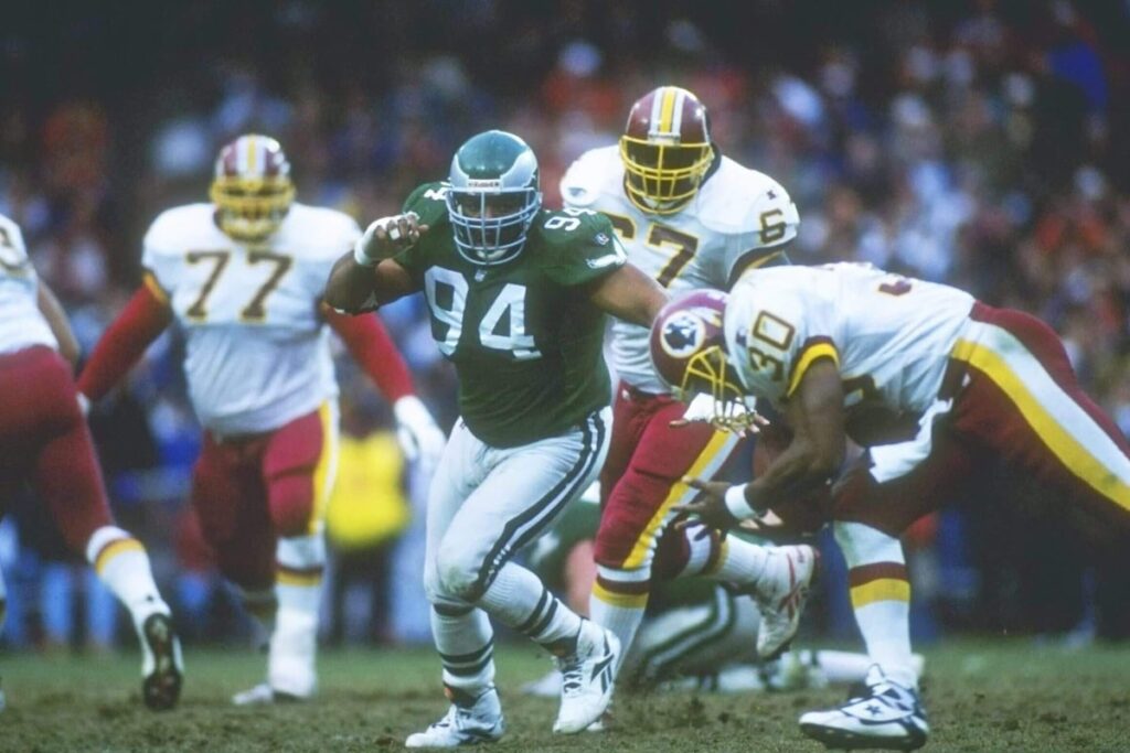Defensive lineman Kevin Johnson of the Philadelphia Eagles runs downfield during a Nov. 26, 1995, game at RFK Stadium in Washington.