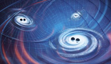 Illustration of supermassive binary black hole binary systems at the cores of galaxies and the GWs they produce. Credit: NANOGrav/Olena Shmahalo
