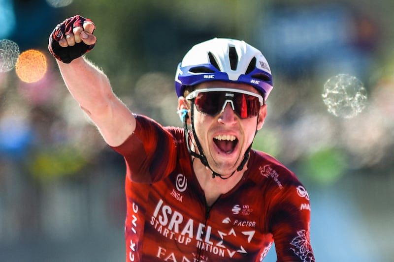 Ireland's Daniel Martin celebrates as he crosses the finish line to win the 17th stage of the 2021 Giro d'Italia. Photograph: Dario Belingheri/AFP via Getty