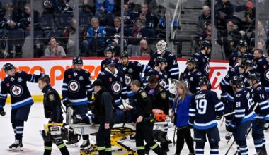 Winnipeg Jets’ Haydn Fleury stretchered off ice after scary collision