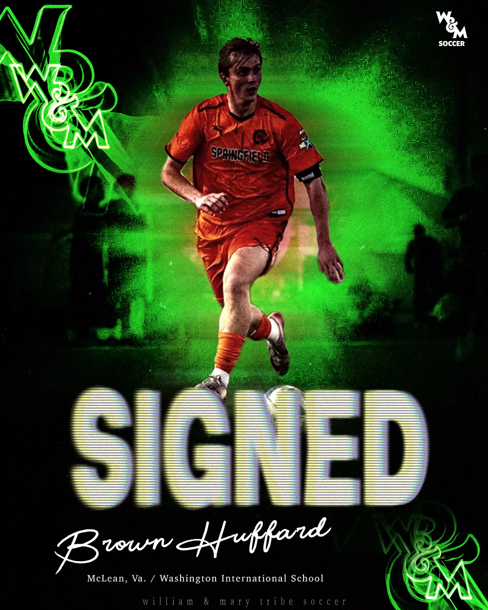 Brown Huffard runs up field dribbling cut out against a black and neon green background signed to Tribe Men's Soccer.