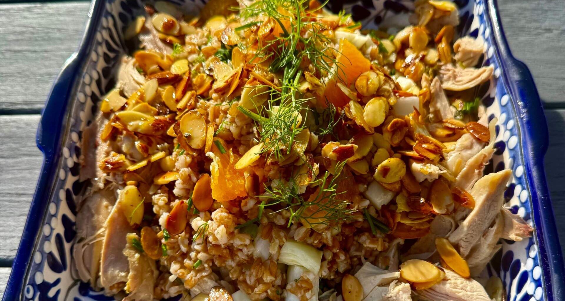 Farro salad with fennel, oranges, almonds and chicken. (Kathy Gunst/Here & Now)