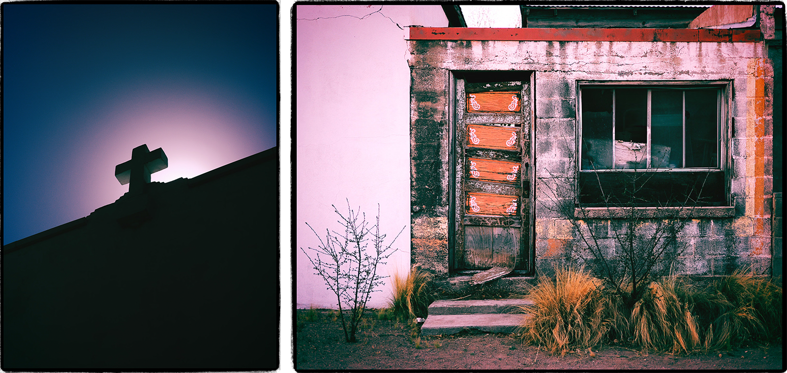 A split image: on the left, a cross atop a building silhouetted against a glowing sky; on the right, an old, weathered building with a boarded-up door, barred window, dry grass, and leafless shrubs.