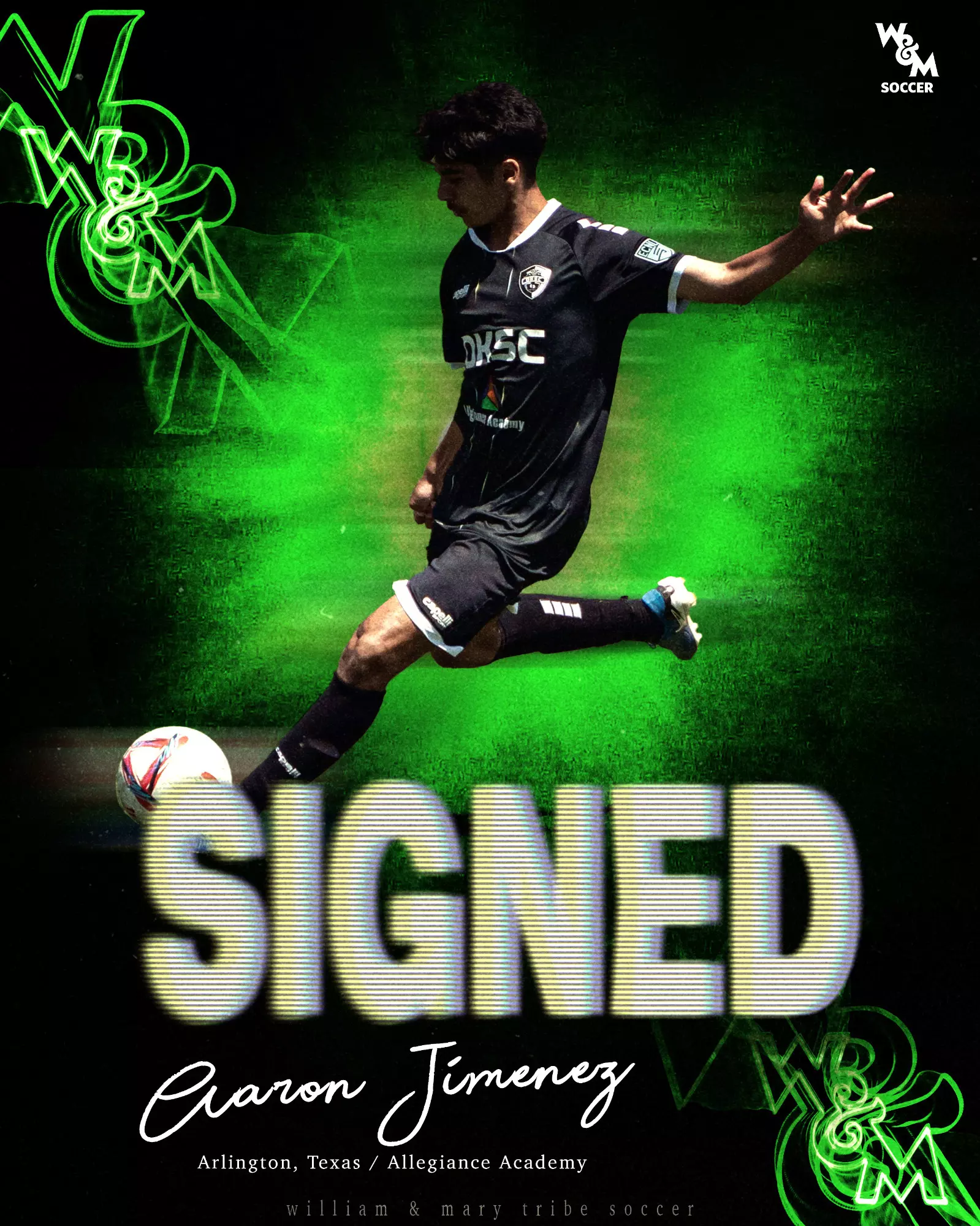 Aaron Jimenez leans back to clear a ball cut out against a black and neon green background signed to Tribe Men's Soccer.