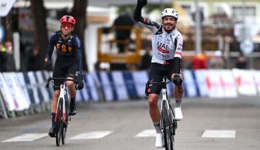 PALMANOVA, SPAIN - JANUARY 28: Antonio Morgado of Portugal and UAE Team Emirates (R) celebrates at finish line as race winner ahead of Hector Alvarez of Spain and Team Spain (L) during the 35th Challenge Ciclista Mallorca 2026 - Trofeo Calvia a 148.3km one day race from Palmanova to Palmanova on January 28, 2026 in Palmanova, Spain. (Photo by Tim de Waele/Getty Images)