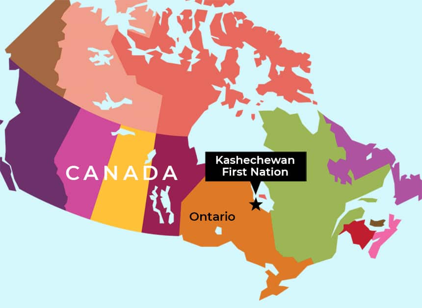 A map shows Kashechewan First Nation's location in Northern Ontario.