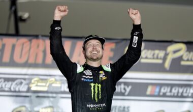 Kurt Busch celebrates after winning a NASCAR Cup Series race in Las Vegas. (Isaac Brekken/AP)