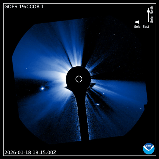 gif animation showing a full halo cme lift off the sun in a white plume.
