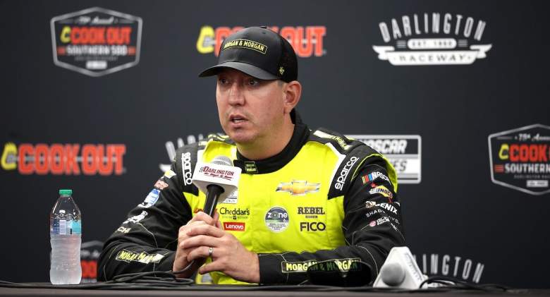 Kyle Busch talks with reporters at Darlington.