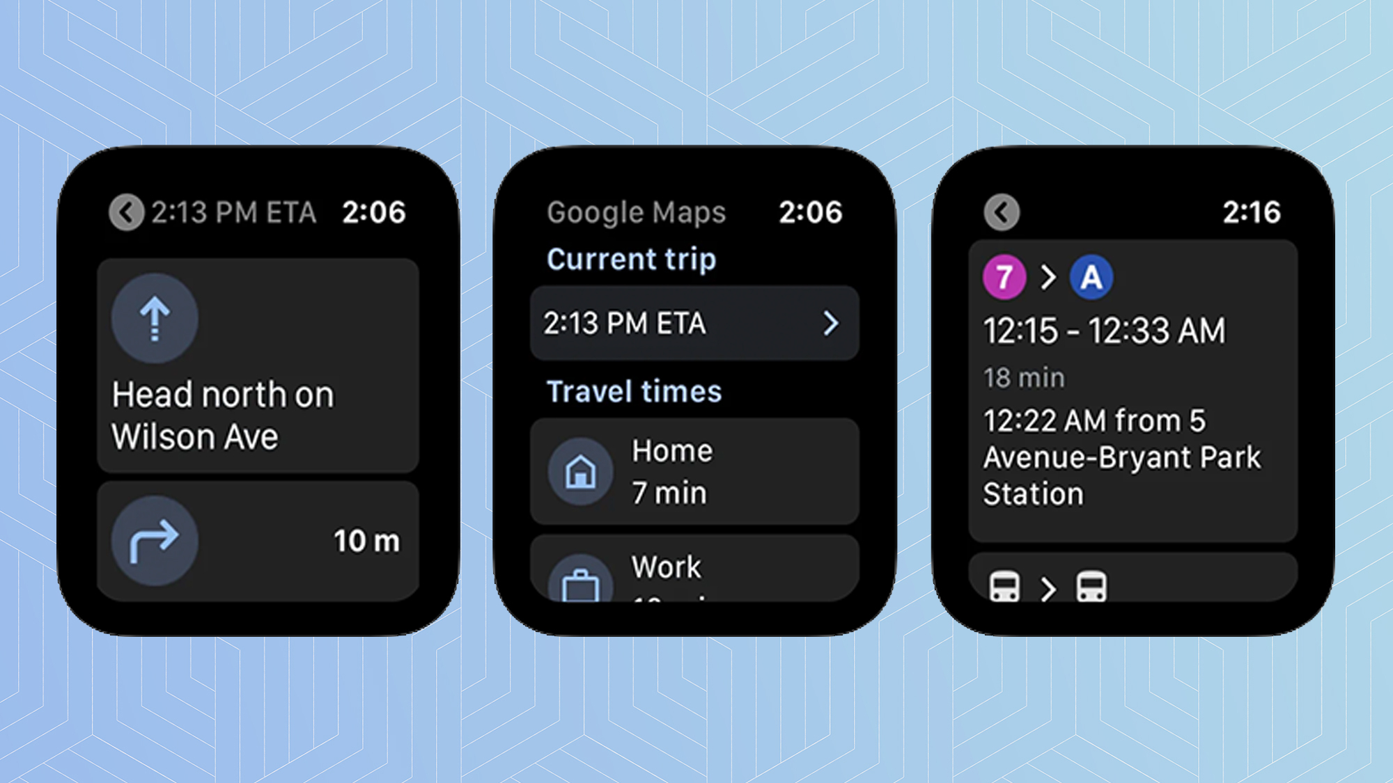 Screenshots of Google Maps running on Apple Watch