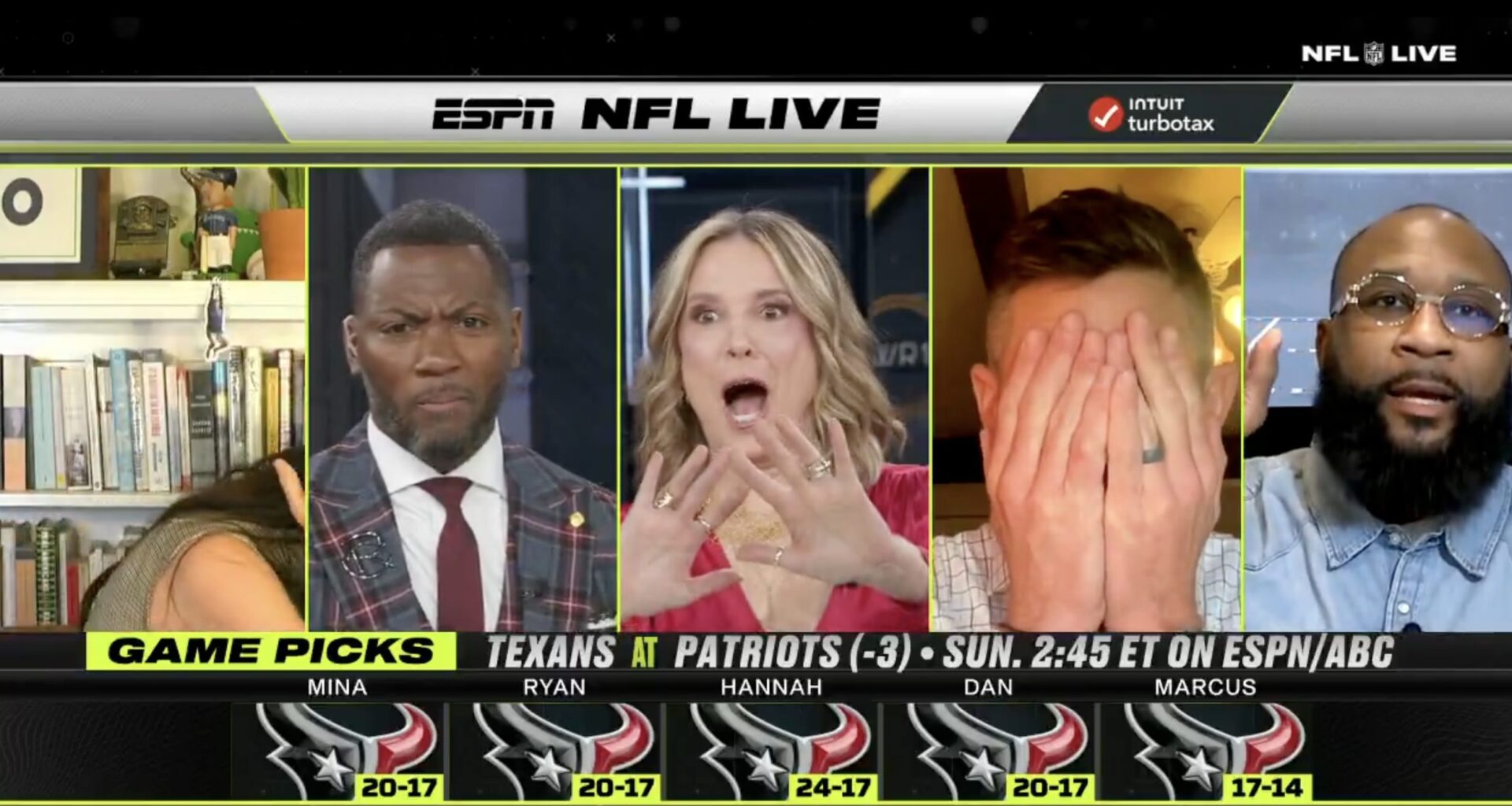 'NFL Live' crew horrified to realize they all picked Texans to beat Patriots