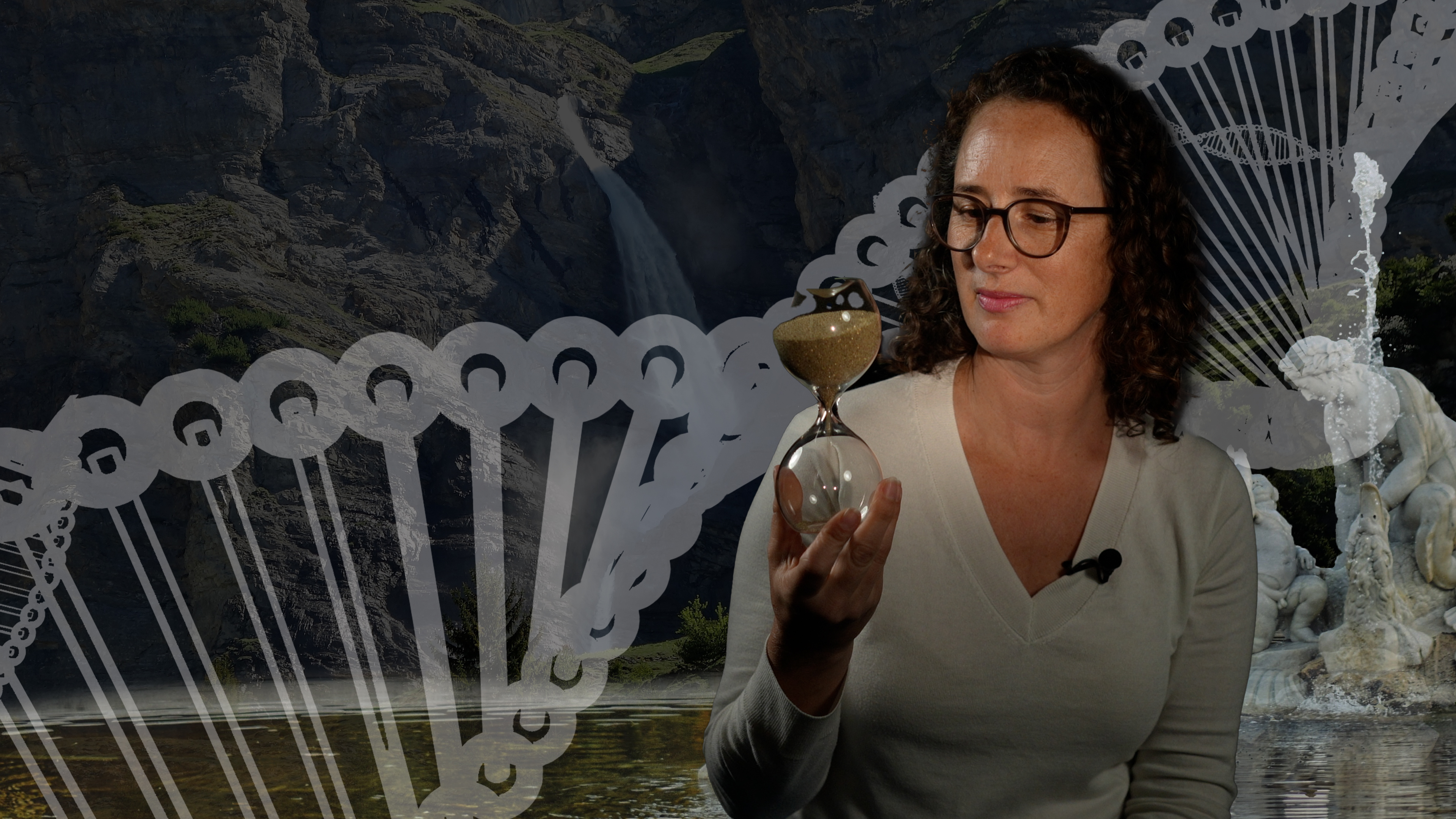 A woman holding an hourglass, with a DNA string illustration and nature scenery in the background
