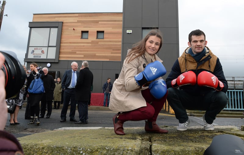 Katie Taylor and fellow Irish boxer Adam Nolan at Bray Boxing Club following its refurbishment in 2014. Photograph: Cyril Byrne/The Irish Times