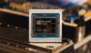 A close up on a microprocessor, labeled as "Microsoft Maia 200"