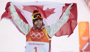 Canadian Mikael Kingsbury celebrates winning his gold medal in the moguls finals at the Pyeongchang 2018 Winter Olympic Games. (Jonathan Hayward/CP).