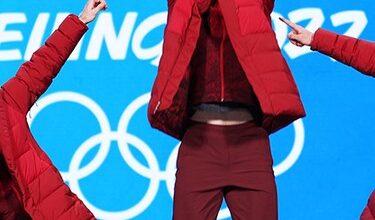 Team Canada celebrate winning the men's 5000m relay in speed skating at the Beijing Games on Feb. 17, 2022.