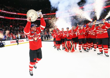 Sidney Crosby and Team Canada celebrate after beating Team USA in the 4 Nations Face-Off in Boston on Feb. 20, 2025.