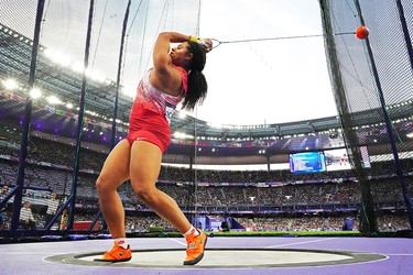 Canada's Camryn Rogers competes in the women's hammer throw final of the athletics event at the Paris 2024 Olympic Games at Stade de France in Saint-Denis, north of Paris, on August 6, 2024