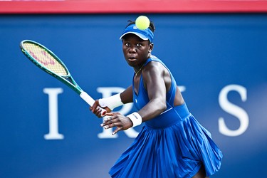 Victoria Mboko plays Naomi Osaka during the women's single final at the WTA 1000 National Bank Open at IGA Stadium on August 7, 2025.