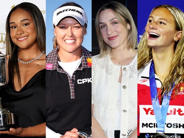 From left, soccer star Olivia Smith plays for Arsenal; golfer Brooke Henderson; Gabriela Dabrowski has four career Grand Slam titles; and swimmer Summer McIntosh posted one of the greatest years in Canadian sport in 2025.