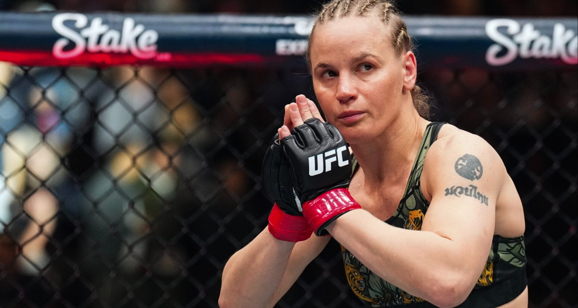Valentina Shevchenko enters the Octagon for her fight at UFC 322