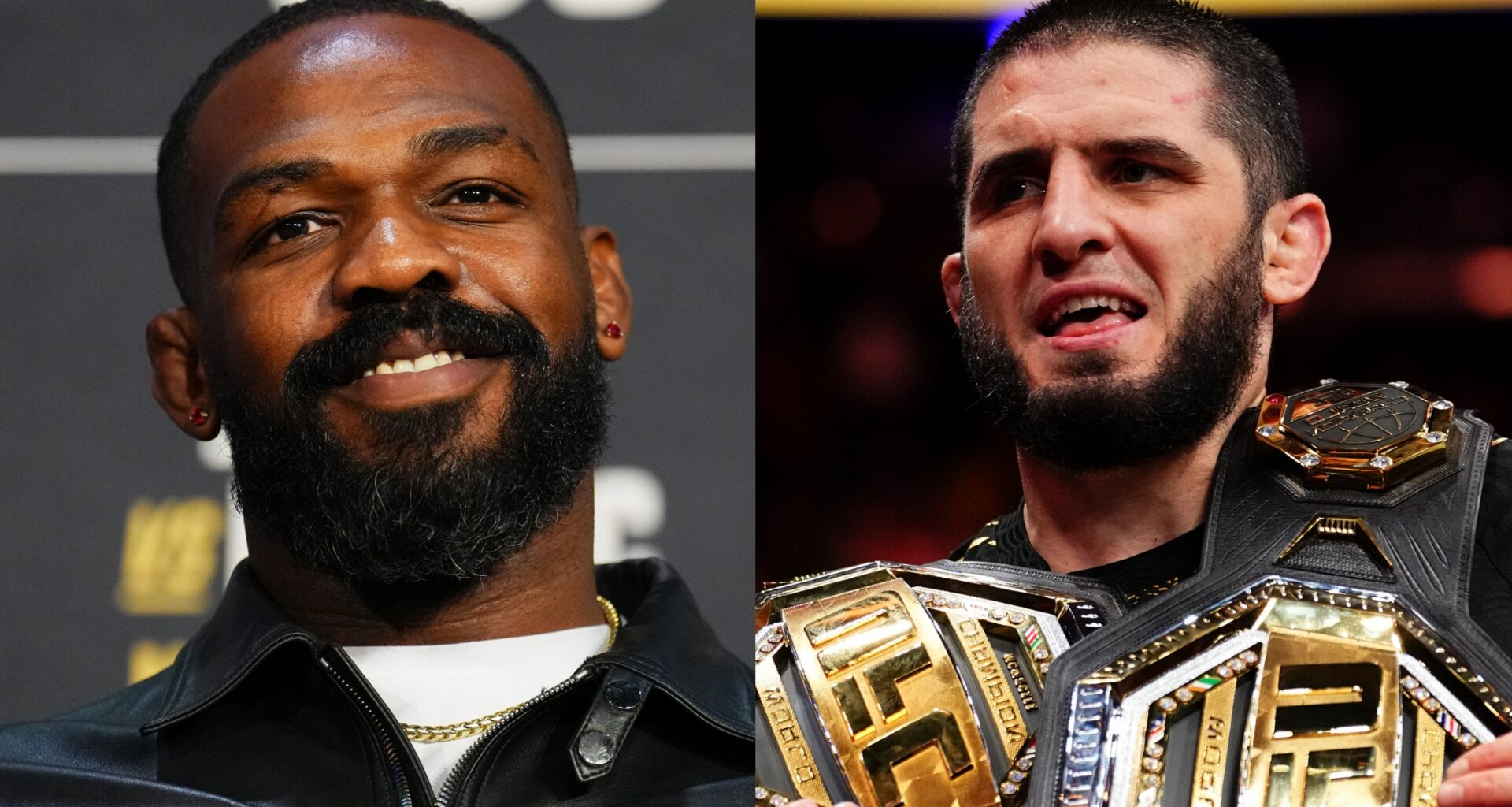 Jon Jones appears at the UFC 309 press conference, opposite Islam Makhachev after a win at UFC 322