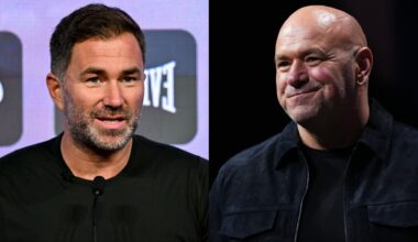 Eddie Hearn speaks at a press conference, opposite Dana White on stage at a media event