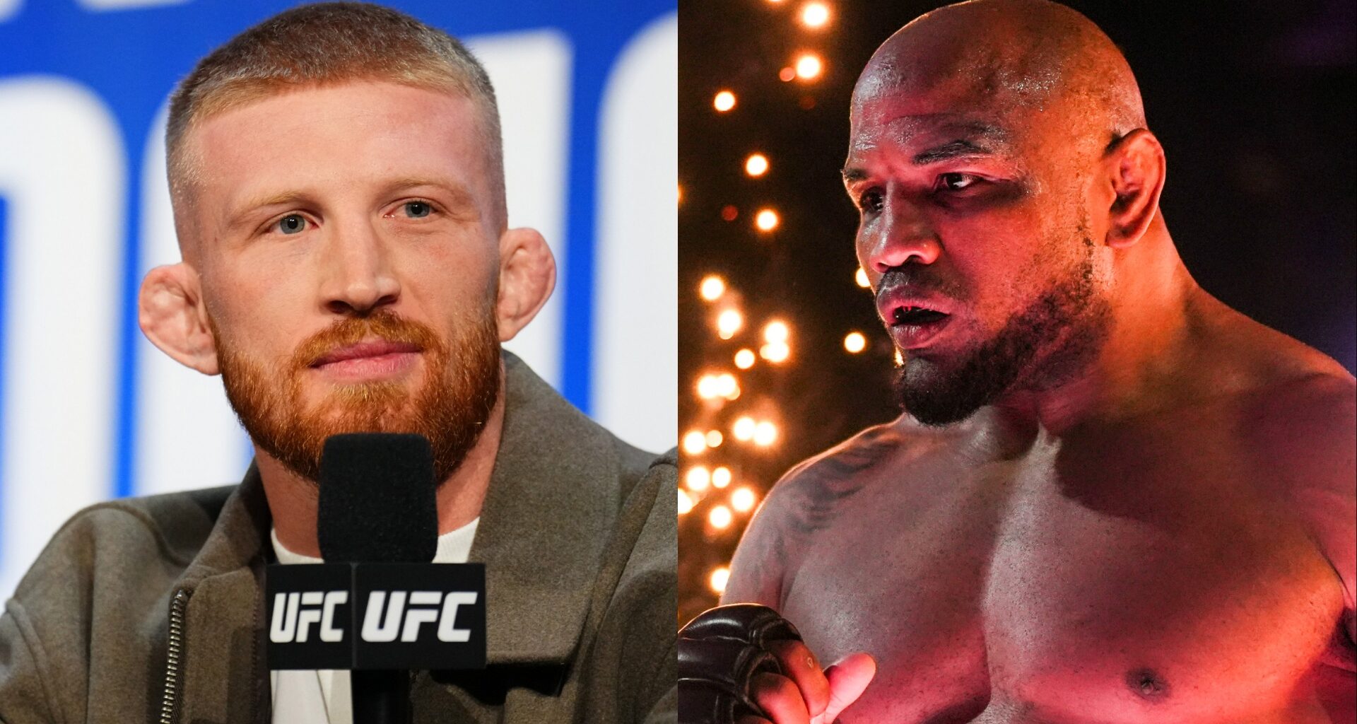 Bo Nickal speaks at a press conference, opposite Yoel Romero walking out