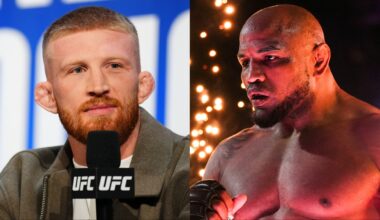 Bo Nickal speaks at a press conference, opposite Yoel Romero walking out