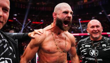 Jiri Prochazka celebrates his win with his team at UFC 320