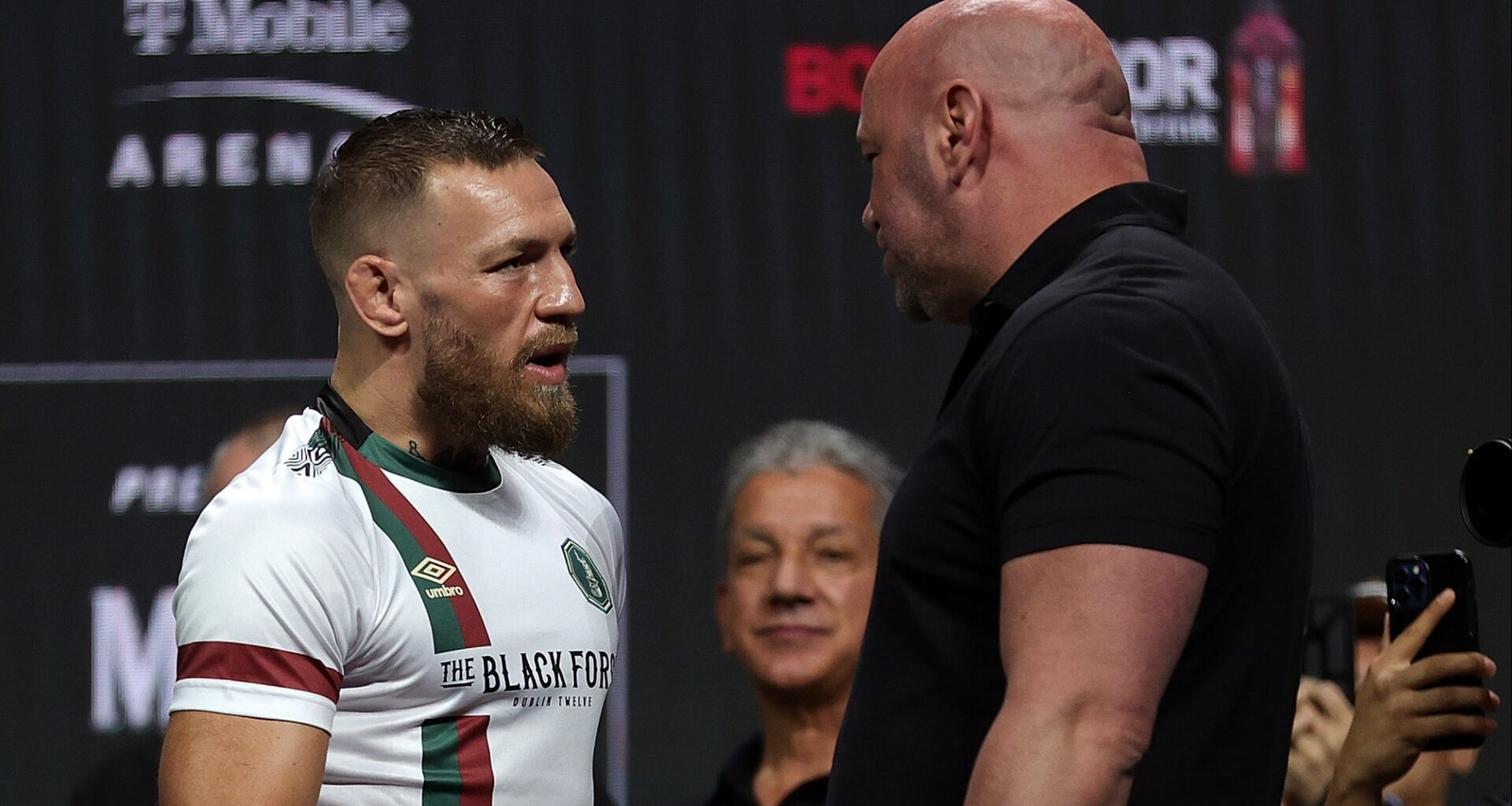 Conor McGregor and Dana White chat at the UFC 264 ceremonial weigh-in