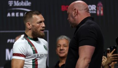 Conor McGregor and Dana White chat at the UFC 264 ceremonial weigh-in