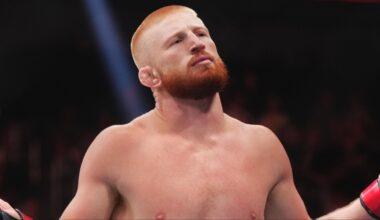 Bo Nickal reacts after a win over Cody Brundage at UFC 300