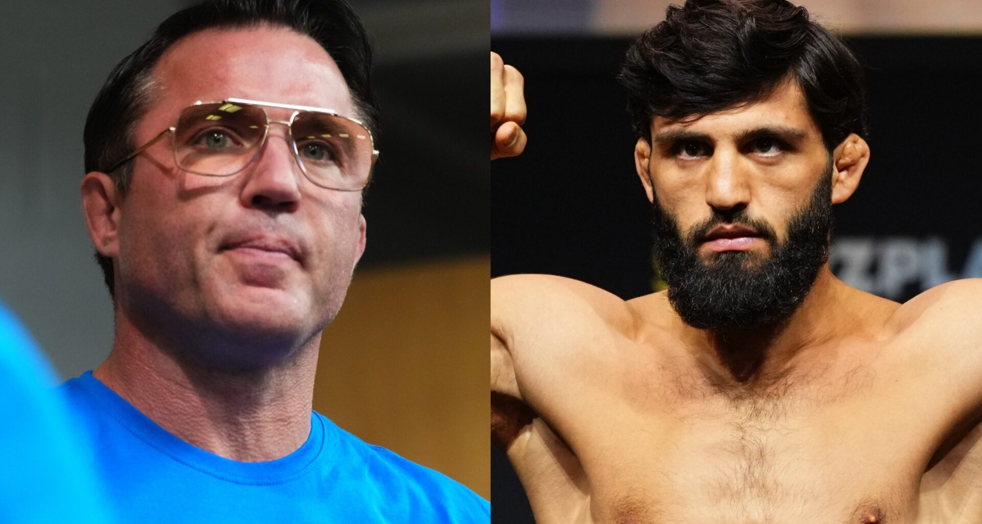 Chael Sonnen on the set of The Ultimate Fighter, opposite Arman Tsarukyan at the UFC Qatar ceremonial weigh-in