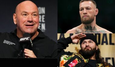Dana White appears at the UFC 322 press conference, opposite Conor McGregor at UFC 264 and Jorge Masvidal at a Q&A