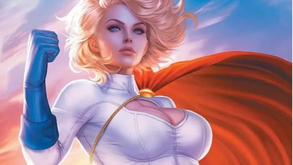 Power Girl with her fist raised and the wind whipping through her hair and cape