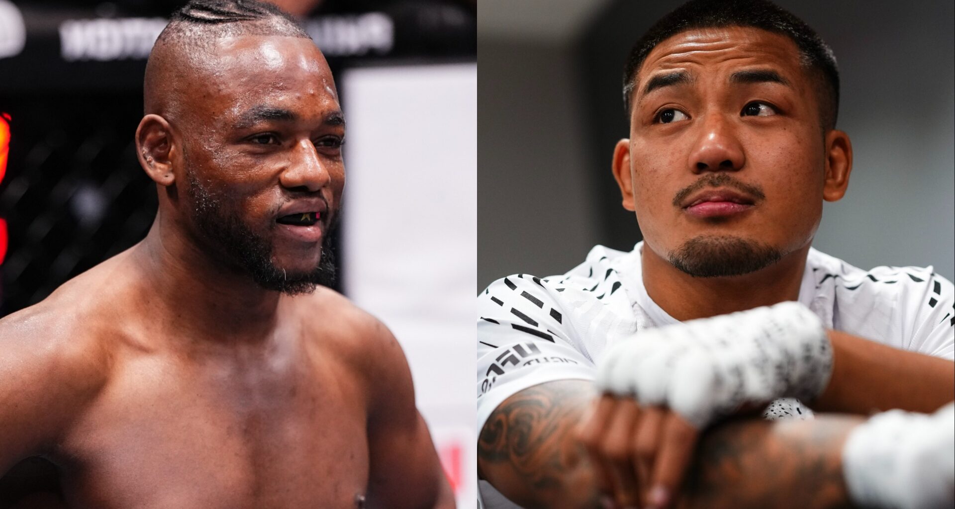 Manel Kape celebrates a win over Brandon Royval, opposite Joshua Van backstage at UFC 323