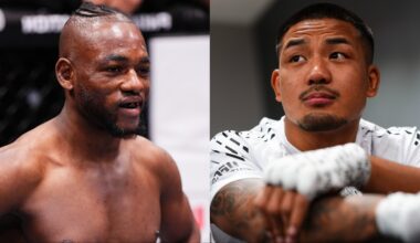 Manel Kape celebrates a win over Brandon Royval, opposite Joshua Van backstage at UFC 323