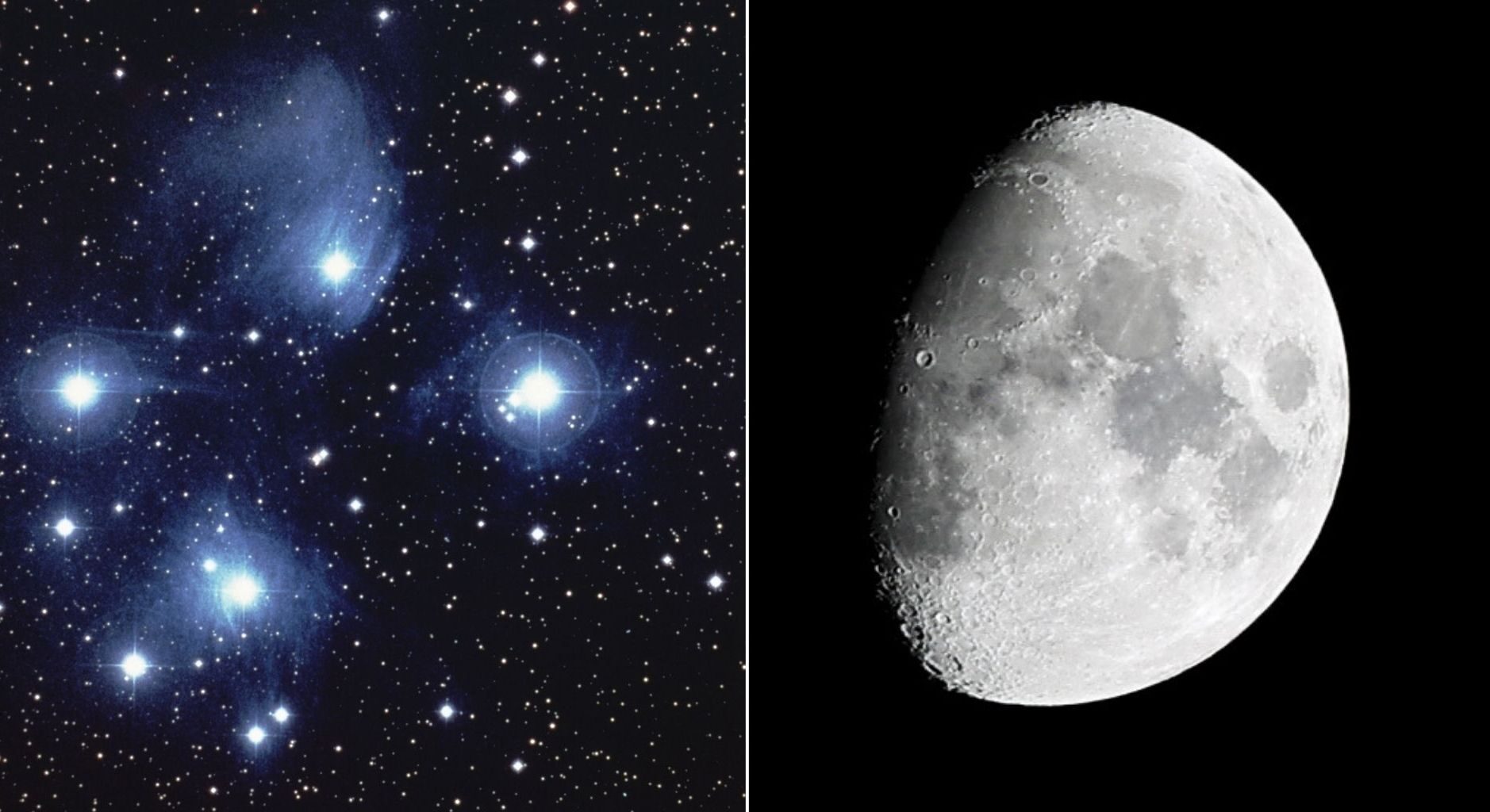 A silvery waxing moon is shown to the right of a two-panel image with most of its right side illuminated by sunlight against a black sky, leaving only a small crescent wreathed in impenetrable shadow. Dark lunar seas and craters can be seen marking the lunar surface. A collection of blue-white stars are pictured to the left, surrounded by a diffuse blue glow against the dimmer starfield beyond, which is threaded with wispy clouds.