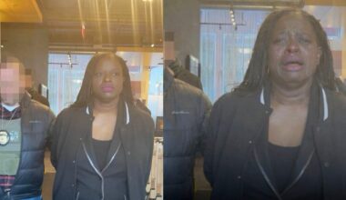 A woman wearing a black jacket stands indoors next to a person whose face is blurred. In the first image, she has a neutral expression; in the second, she appears emotional with tears on her face.