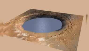 A computer modeled image of a red crater filled with blue-gray water.