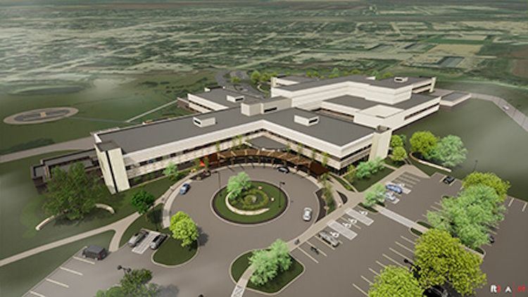 A rendering of the new Portage Regional Health Centre, showing the two-storey design and modern facility that will house 114 acute care beds and a full range of services when it opens in fall 2026.