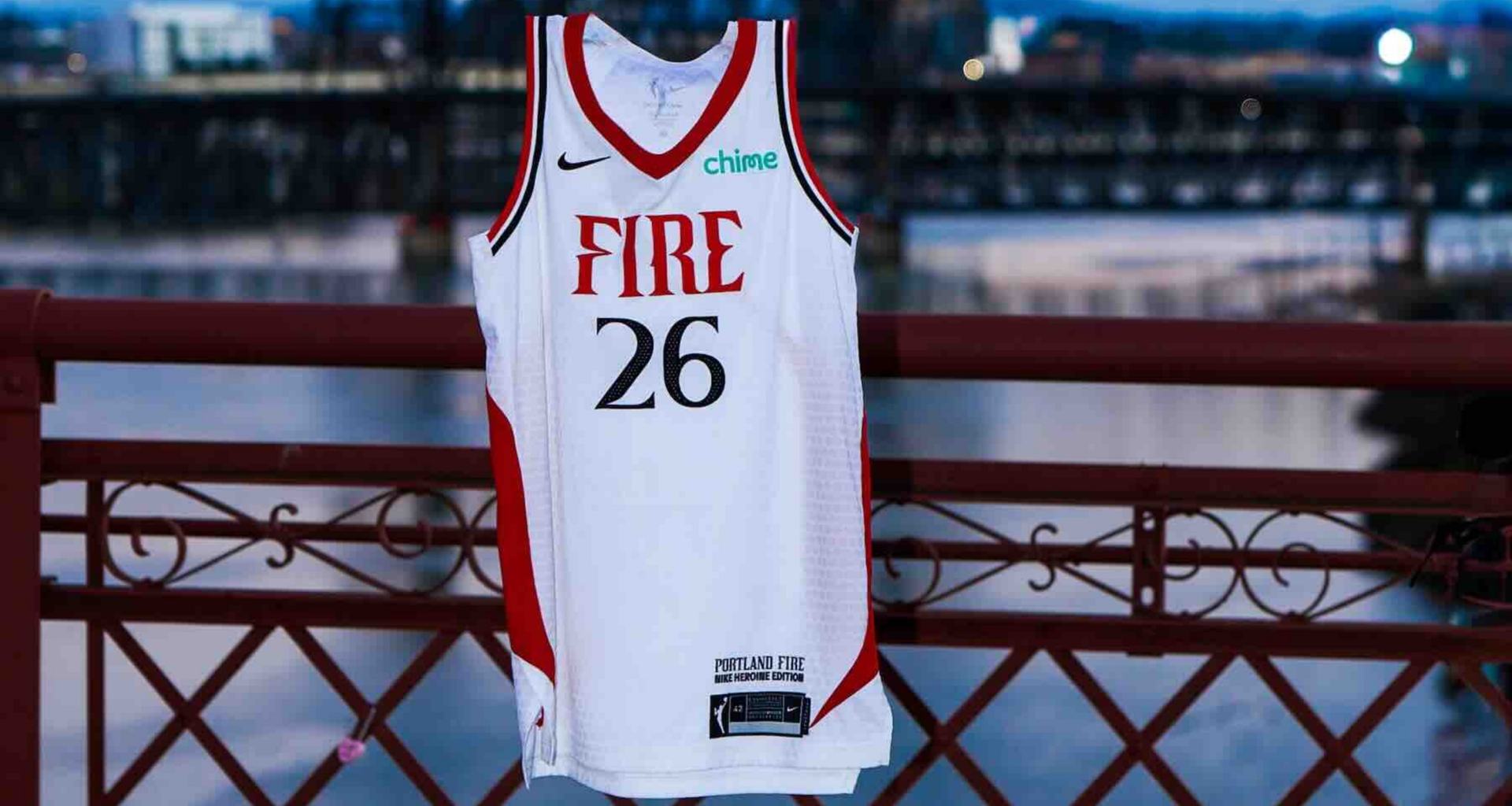 A No. 26 Portland Fire jersey is displayed on a bridge ahead of the 2026 WNBA expansion team's inaugural season.