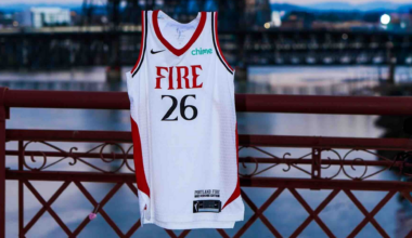 A No. 26 Portland Fire jersey is displayed on a bridge ahead of the 2026 WNBA expansion team's inaugural season.