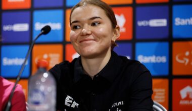 ADELAIDE, AUSTRALIA - JANUARY 16: Noemi Ruegg of Switzerland and Team EF Education-Oatly during the 26th Santos Tour Down Under 2026, Press Conference on January 16, 2026 in Adelaide, Australia. (Photo by Con Chronis/Getty Images)