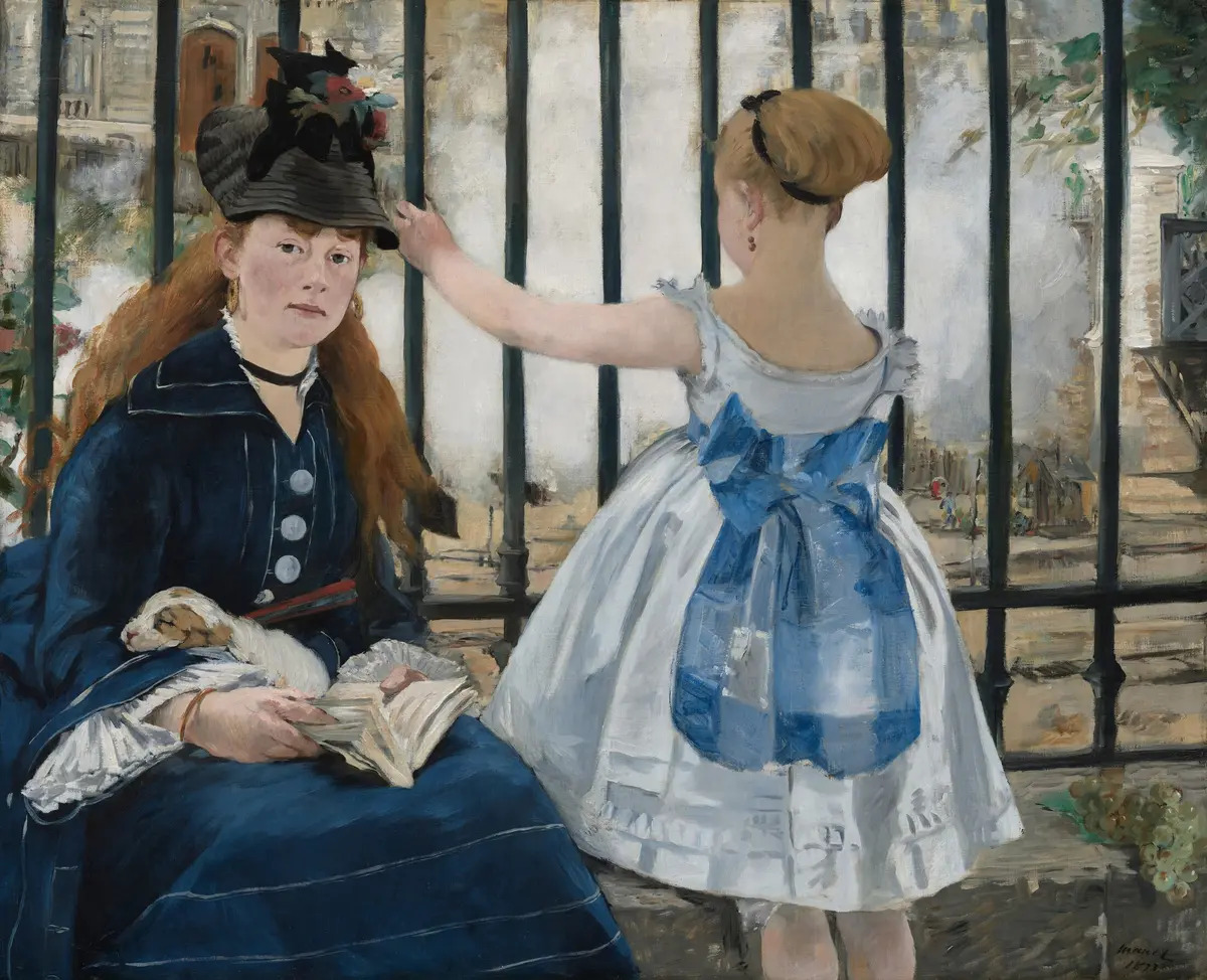 Manet's the Railway of a girl looking at the train and her mother holding a dog and reading a book. 