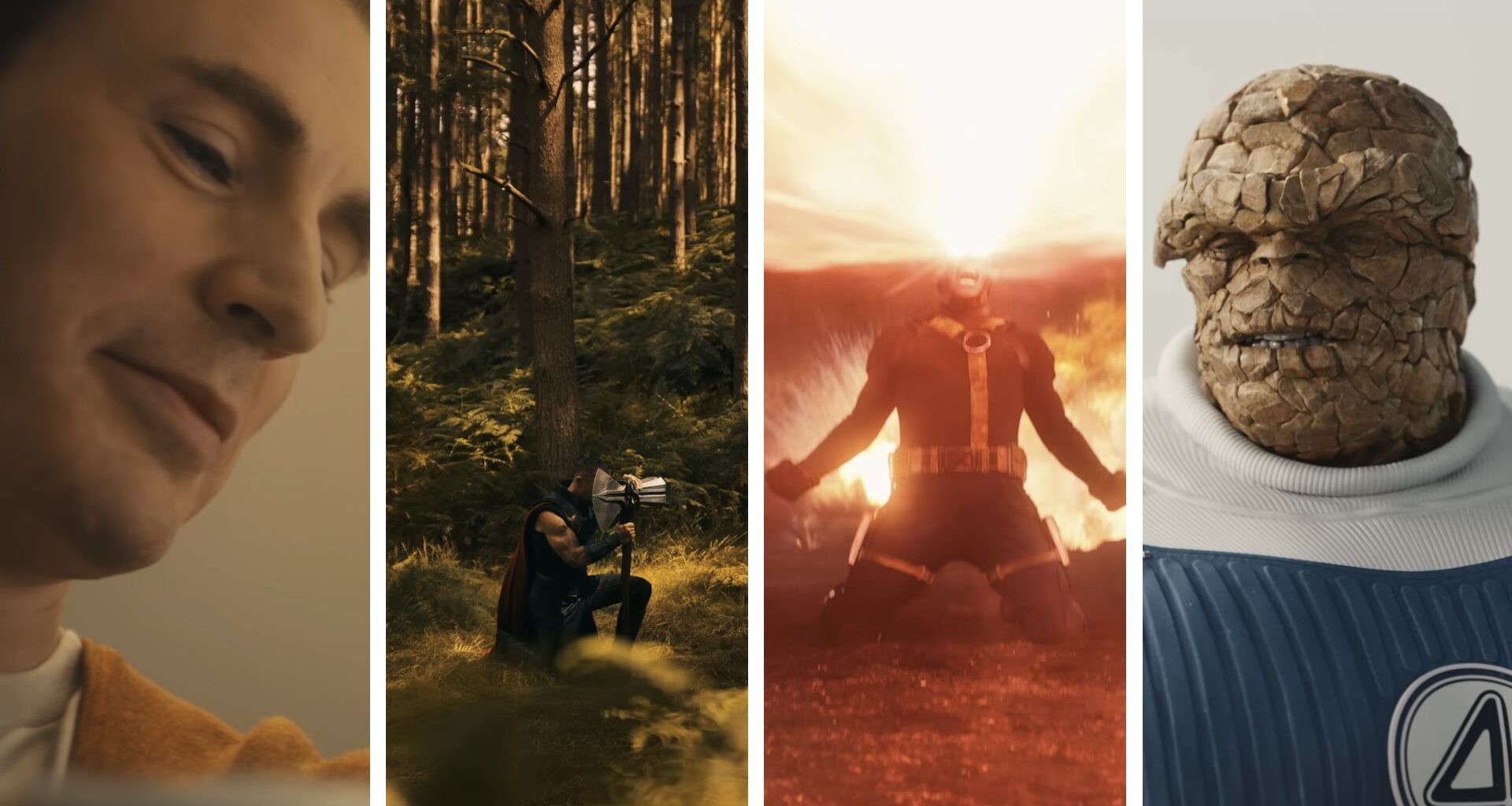 Split image showing four characters from Avengers Doomsday teasers (L-R): Steve Rogers aka Captain America, Thor, Scott Summers aka Cyclops, and Ben Grimm aka The Thing