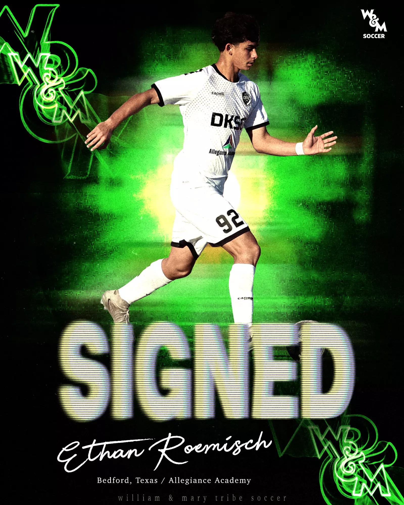 Ethan Roemisch runs toward the ball dribbling cut out against a black and neon green background signed to Tribe Men's Soccer.
